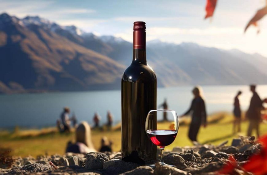 bottle of wine and red wine in a glass on a rocky platform, people in the background in a lovely mountain and valley landscape
